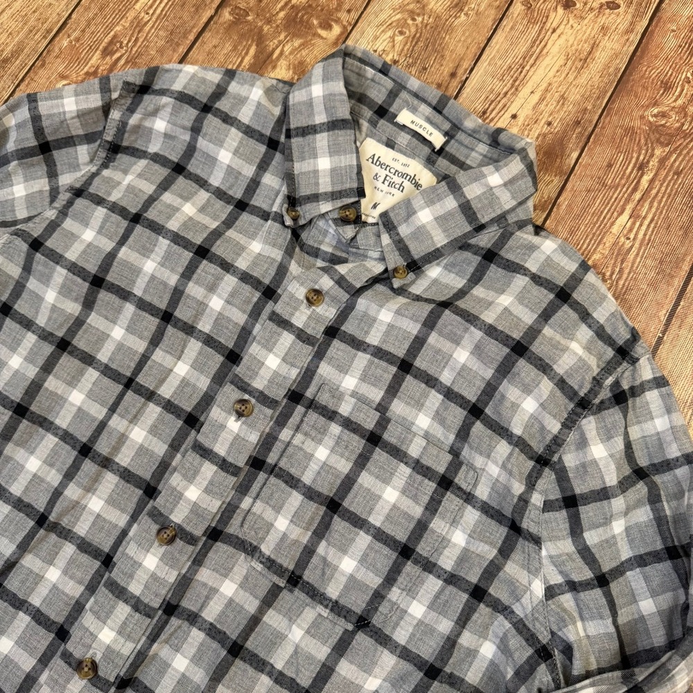Abercrombie & Fitch Muscle Flannel Shirt Mens Medium Gray Plaid Long Sleeve